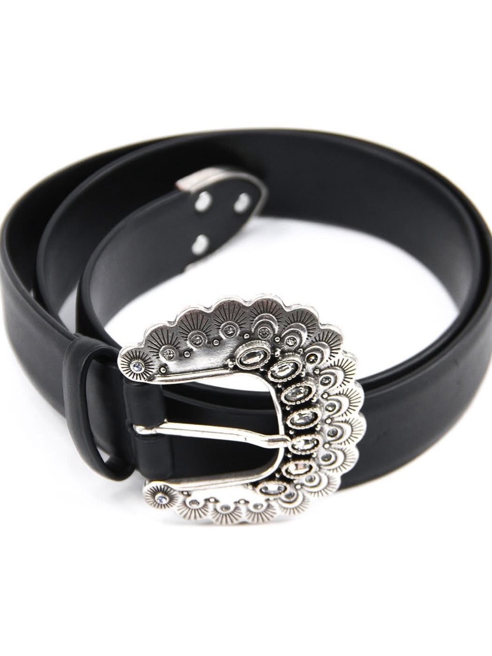 Sandro “Coddy” Black Leather Belt with Ornate Silver Buckle